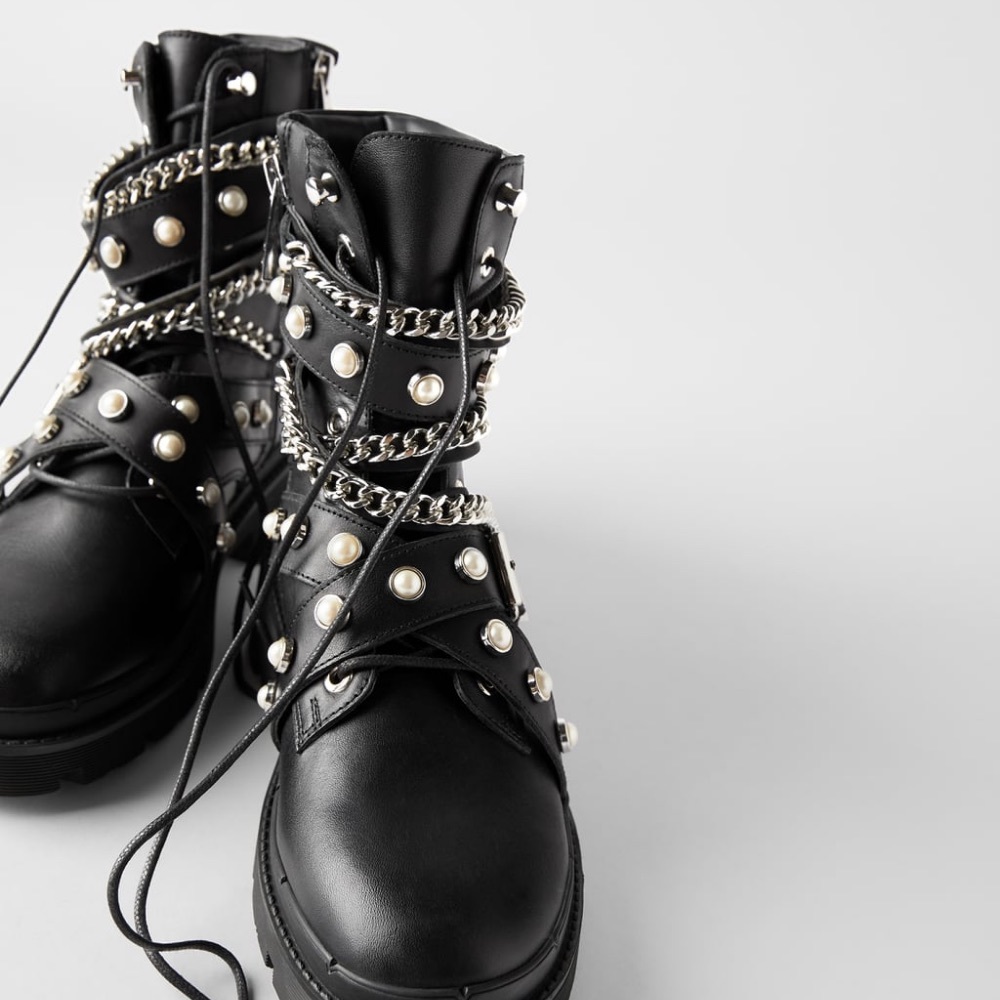 Zara Black & Pearl Leather Moto Ankle Boots Sz 10